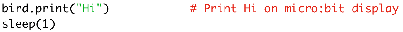 bird.print("Hi") # Print Hi on micro:bit display 
sleep(1)