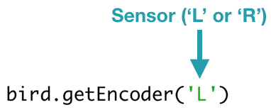 bird.getEncoder('L') 
The getEncoder() function takes one parameter that must be either 'L' or 'R' to indicate the left or right encoder.
